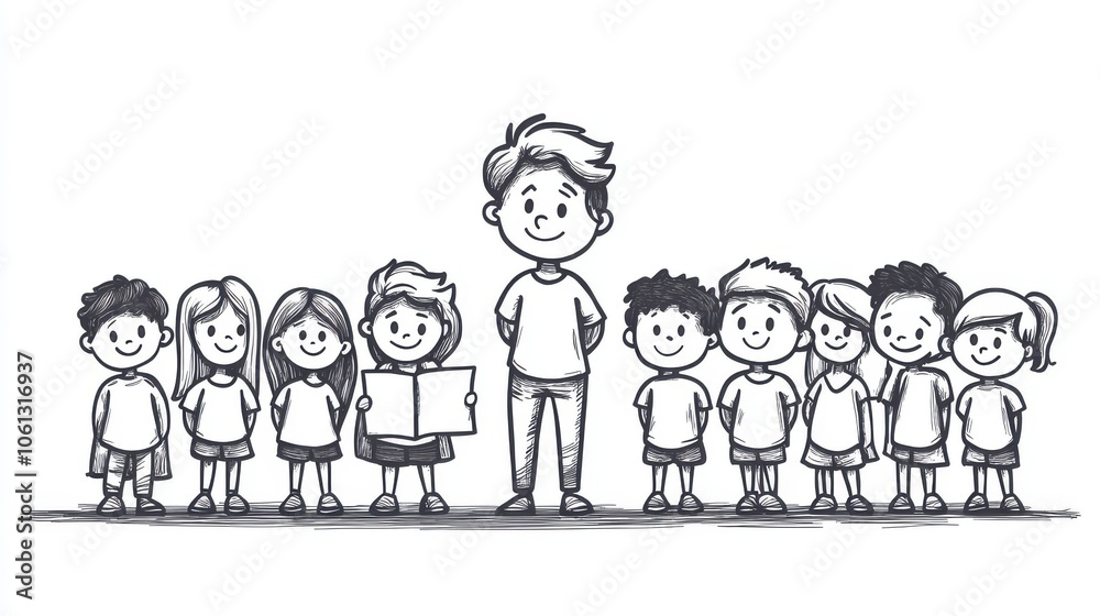 A teacher standing in front of a group of students, simple line art, black and white, isolated on a clean white background. A teacher standing in front of a group of students, simple line art, black and white, isolated on a clean white background.