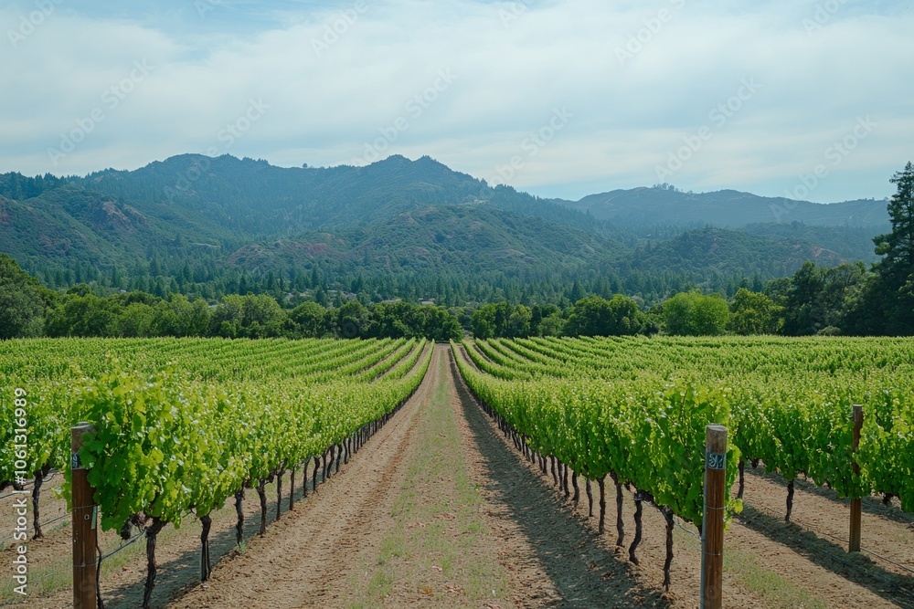 Fototapeta premium Vineyard Rows with Mountain Landscape Background