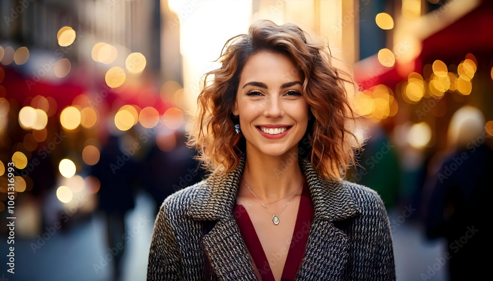 Obraz premium Smiling Woman in Busy Urban Street Scene