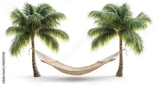 A tropical hammock tied between two palm trees, symbolizing peaceful beachside holidays, isolated on a clean white background. photo