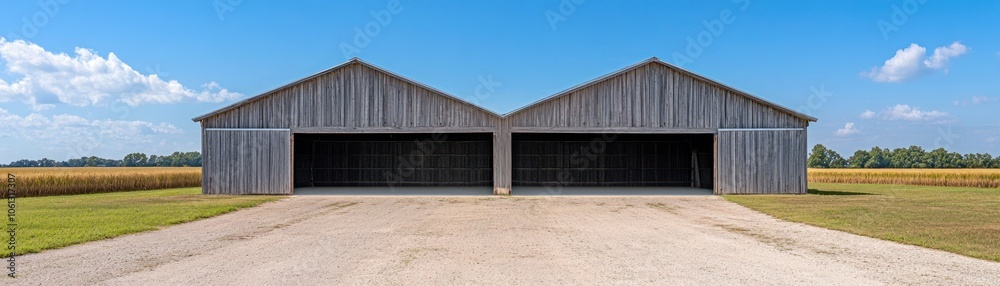 A symmetrical barn structure with open doors, set against a clear blue sky and farmland. A symmetrical barn structure with open doors, set against a clear blue sky and farmland.