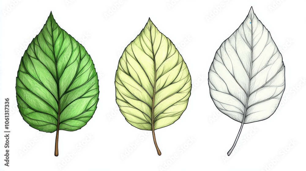 Obraz premium A tutorial showing how to draw a tree leaf, from basic outline to final shading, educational line drawing isolated on a clean white background.