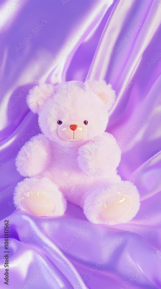 3D cute teddy bear fluffy velvet on lavender purple flow silk adorable pet animal plush toy fashion healing shiny gift wallpaper background with copy space
