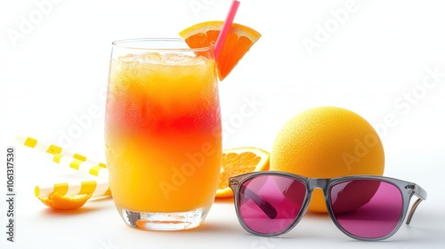 A vibrant tropical drink with a beach ball and sunglasses, symbolizing a fun-filled beach holiday, isolated on a clean white background. photo