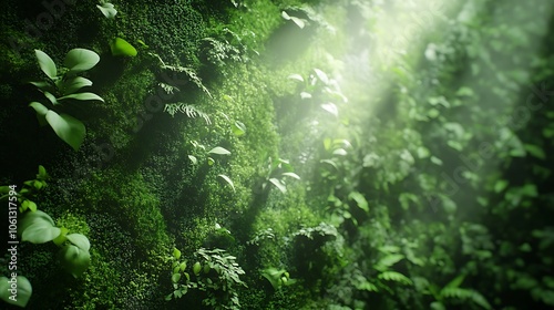 Moss-covered indoor green wall with low-light plants, minimal lighting creating a tranquil, shaded atmosphere, rich greenery and soft textures, highly detailed, HD quality. --ar 16:9