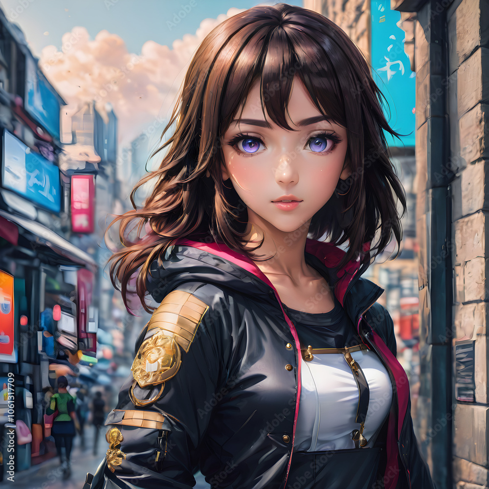 A lovely manga woman with long hair, in the middle of a wonderful city A lovely manga woman with long hair, in the middle of a wonderful city