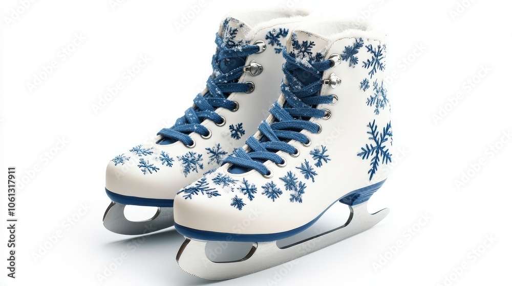 A pair of ice skates with snowflakes surrounding them, symbolizing winter sports and activities, isolated on a clean white background. A pair of ice skates with snowflakes surrounding them, symbolizing winter sports and activities, isolated on a clean white background.