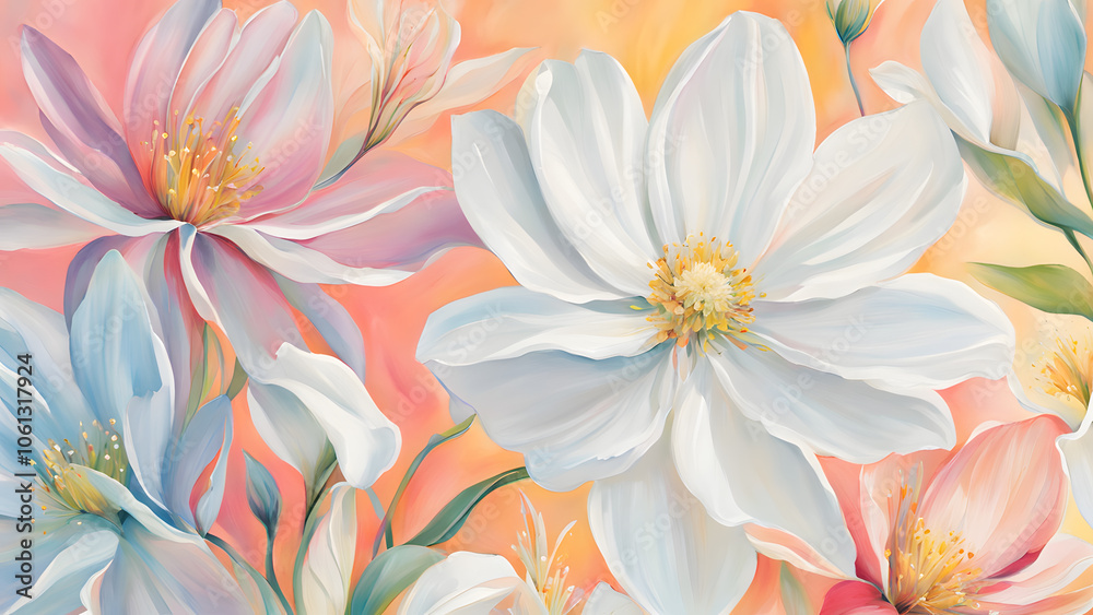 Obraz premium A painting of a bouquet of white flowers with a pink background