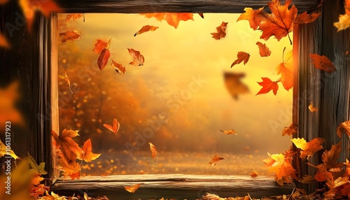 Wooden Frame with Falling Autumn Leaves Against a Blurred Background photo