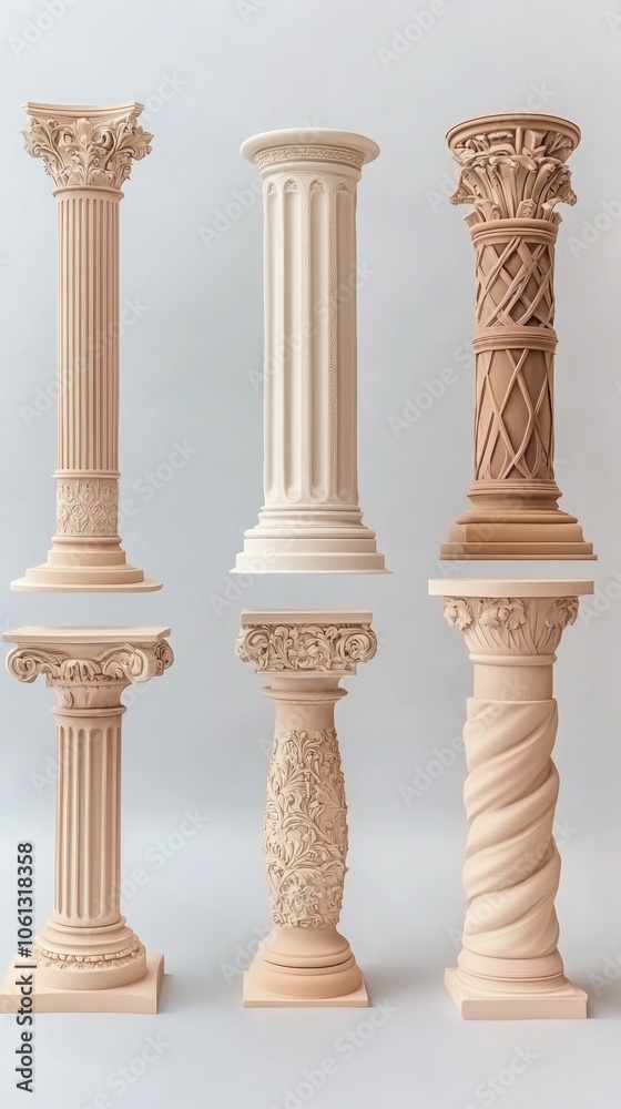 A collection of decorative columns showcasing various architectural styles and designs. A collection of decorative columns showcasing various architectural styles and designs.
