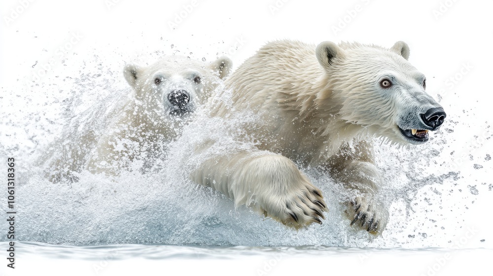 Fototapeta premium A polar bear plunge scene, with swimmers in winter gear diving into icy water, representing extreme winter sports, isolated on a clean white background.