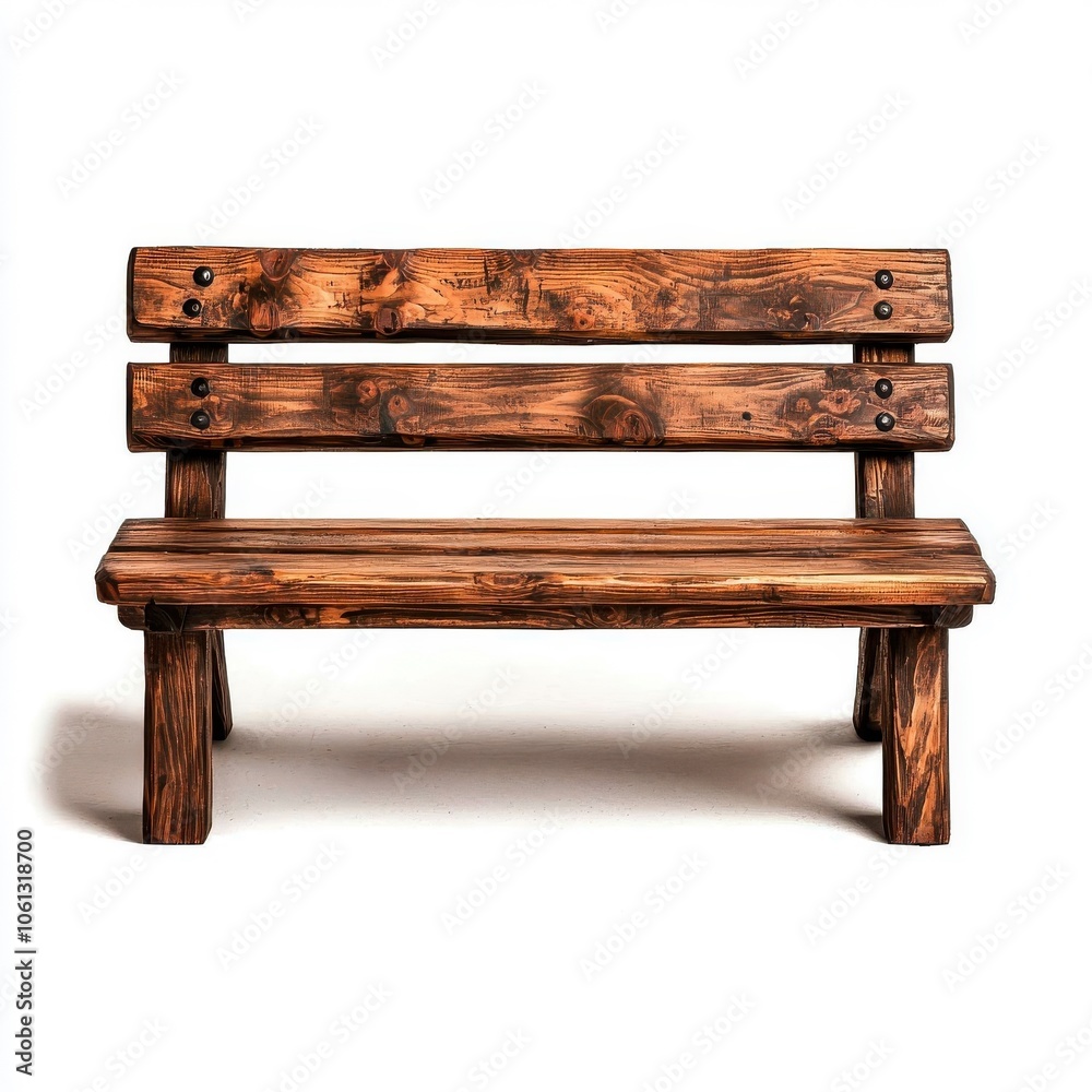 A sturdy wooden bench isolated on a clean white background, highlighting its craftsmanship and natural texture. A sturdy wooden bench isolated on a clean white background, highlighting its craftsmanship and natural texture.