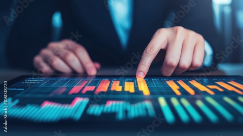 Market analysis, business person examining holographic charts, 3D illustration