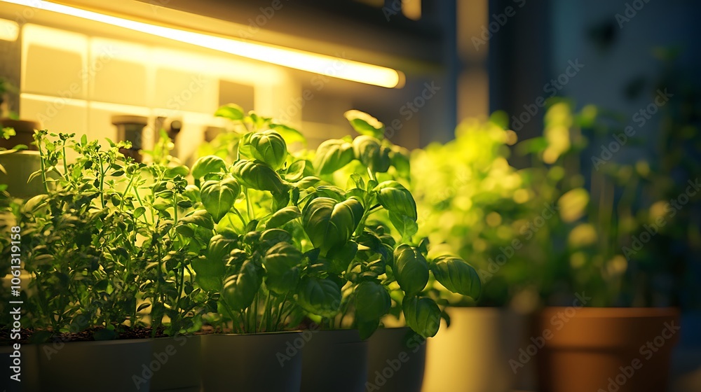 Fototapeta premium Small vertical herb garden in a kitchen, thriving basil, thyme, and cilantro, cozy space with soft lighting, convenient for cooking, high-definition details, realistic look. --ar 16:9