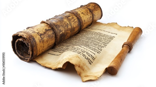 A scroll of the Torah opened with a yad (pointer) beside it, symbolizing Simchat Torah, isolated on a clean white background. photo