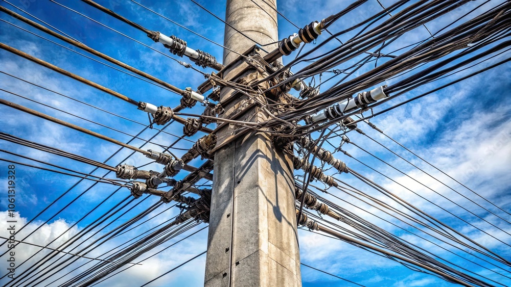 Obraz premium Concrete electrical post with multiple cables and wires spreading out in various directions, concrete, electrical