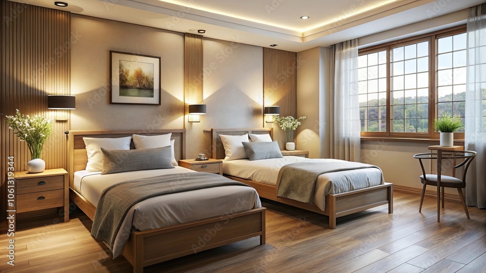 Cozy room with comfortable beds and soft lighting, bed, bedroom, sleep, relaxation, interior design, cozy, comfortable Cozy room with comfortable beds and soft lighting, bed, bedroom, sleep, relaxation, interior design, cozy, comfortable
