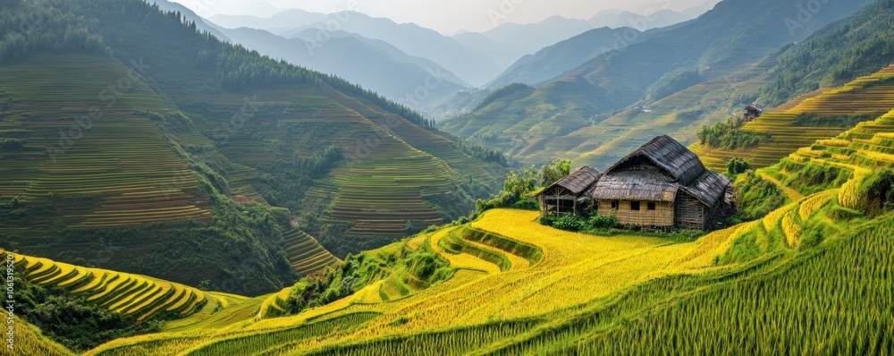 Obraz premium Lush terraced fields with a rustic house amidst rolling mountains.