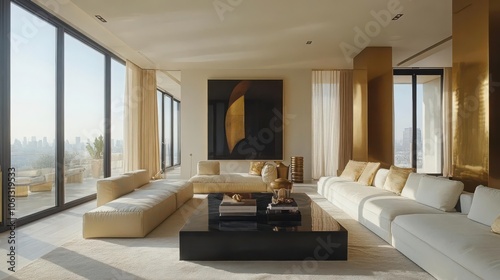 Ultramodern living space, with large floortoceiling windows, goldaccented minimalist furniture, and abstract art on the walls for a chic, contemporary vibe photo