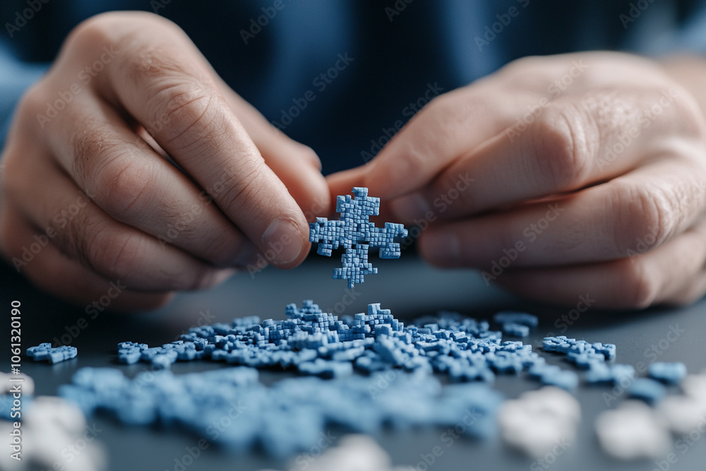 A businessperson sits at a table assembling a jigsaws business, each tile representing an idea or milestone, forming an image of growth and success A businessperson sits at a table assembling a jigsaws business, each tile representing an idea or milestone, forming an image of growth and success
