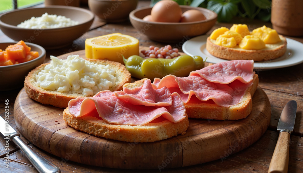 Toast with ham, cheese, and fruit served on rustic wooden board Toast with ham, cheese, and fruit served on rustic wooden board