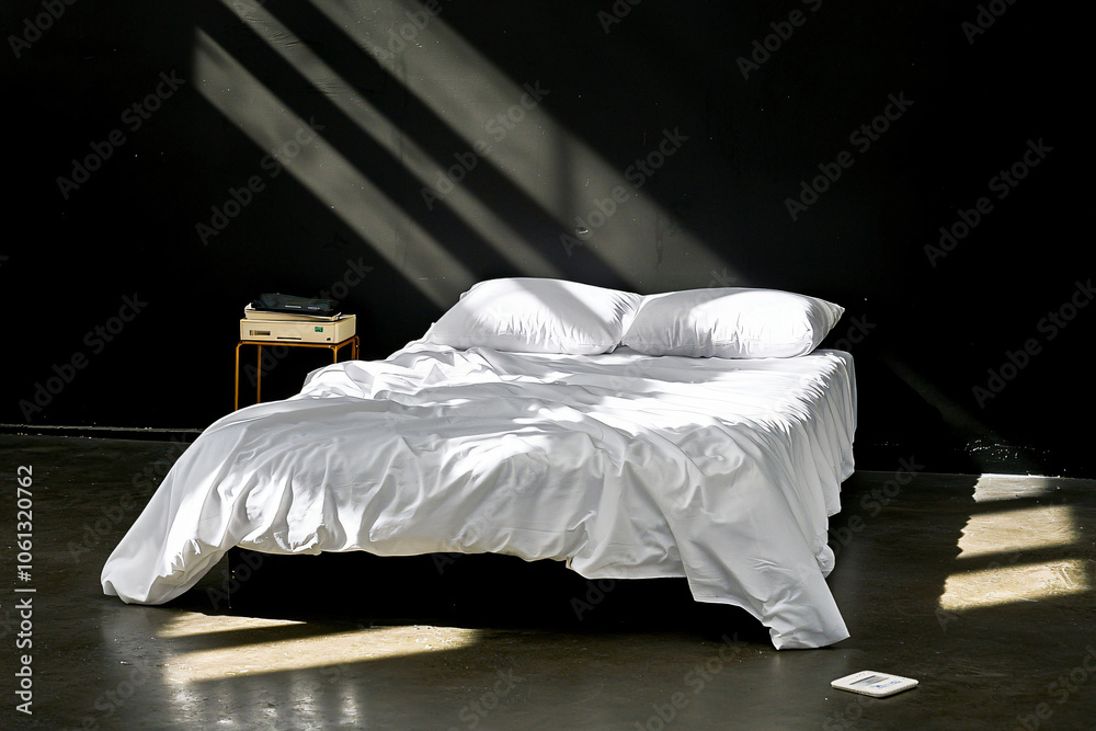 a makeshift bed in concrete bunker, single light source from above a makeshift bed in concrete bunker, single light source from above