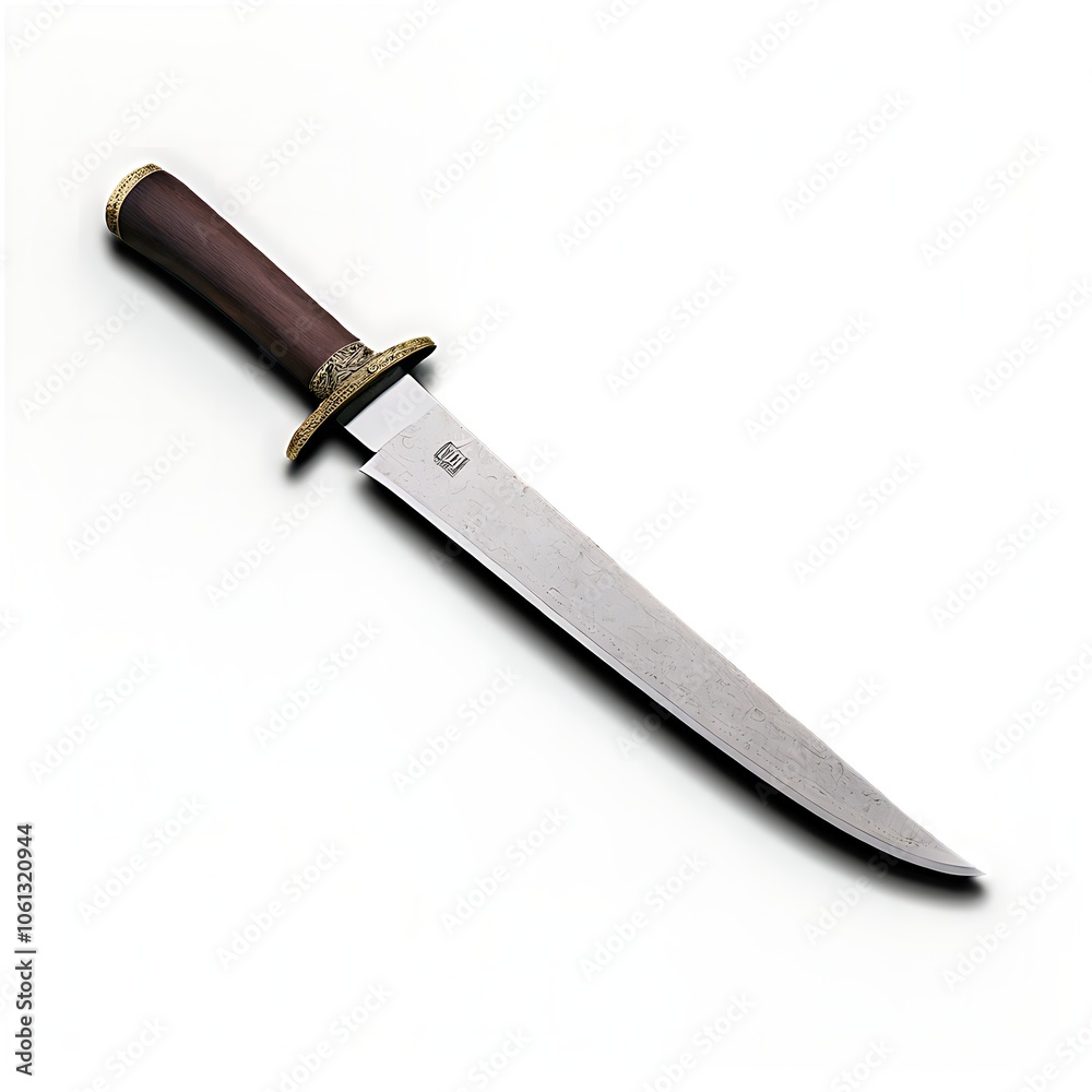 A sharp, silver, and slightly curved knife with a wooden handle and brass accents lies on a white surface, casting a shadow. A sharp, silver, and slightly curved knife with a wooden handle and brass accents lies on a white surface, casting a shadow.