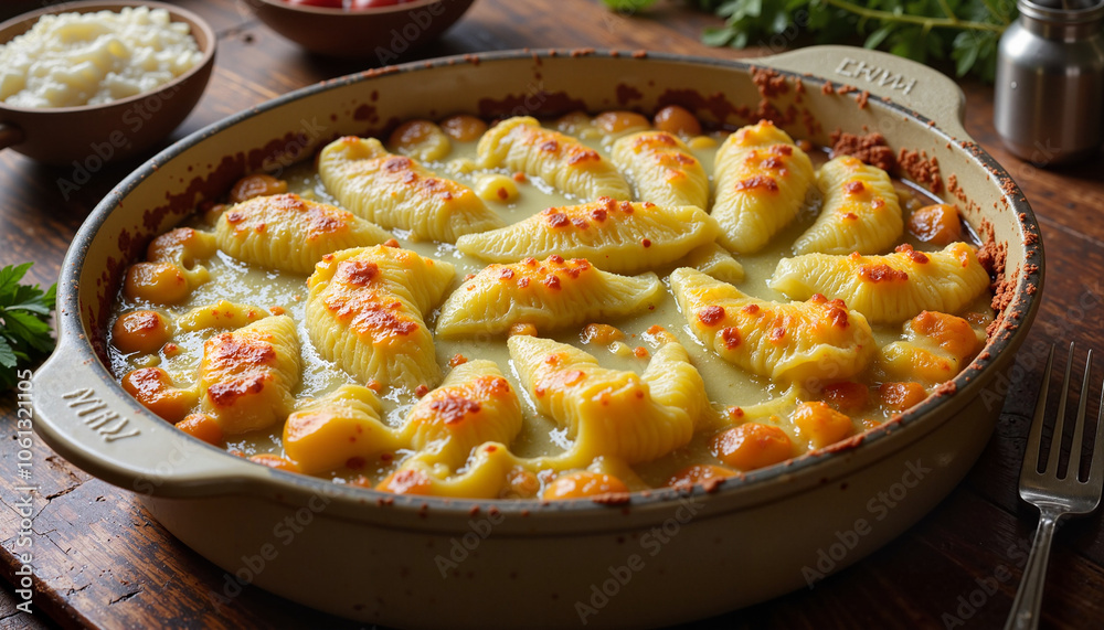 Baked stuffed peppers with cheese in rustic ceramic dish Baked stuffed peppers with cheese in rustic ceramic dish