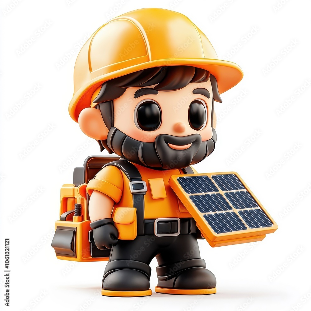 3D cartoon character with a solar panel isolated on a white background. 3D cartoon character with a solar panel isolated on a white background.