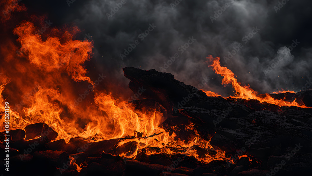 A large fire is burning on a rocky hillside A large fire is burning on a rocky hillside