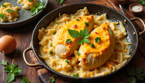 Baked stuffed onion halves in creamy cheese sauce served in a skillet