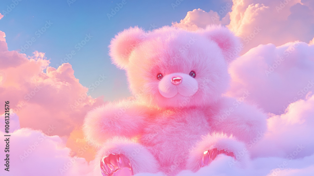 Fototapeta premium 3D cute teddy bear fluffy pink rainbow clouds shape sunset colorful dreamy sky cloudscape adorable pet animal fashion healing wallpaper background with copy space