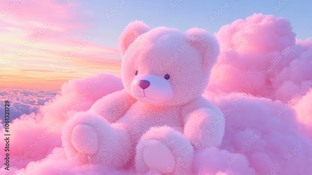 3D cute teddy bear fluffy pink rainbow clouds shape sunset colorful dreamy sky cloudscape adorable pet animal fashion healing wallpaper background with copy space 3D cute teddy bear fluffy pink rainbow clouds shape sunset colorful dreamy sky cloudscape adorable pet animal fashion healing wallpaper background with copy space