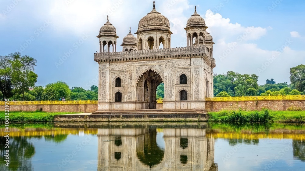A beautiful architectural monument reflected in calm water, showcasing intricate design and serenity. A beautiful architectural monument reflected in calm water, showcasing intricate design and serenity.