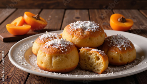 Fluffy pastries with apricot slices on sunny table