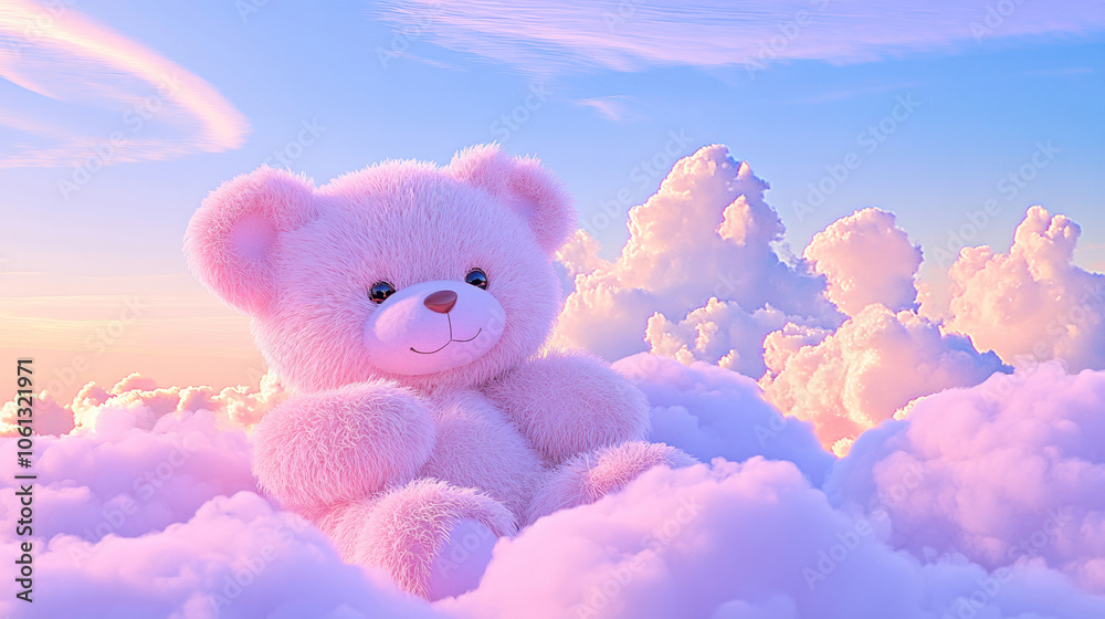Fototapeta premium 3D cute teddy bear fluffy pink rainbow clouds shape sunset colorful dreamy sky cloudscape adorable pet animal fashion healing wallpaper background with copy space