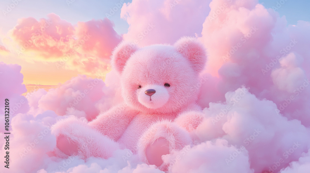 3D cute teddy bear fluffy pink rainbow clouds shape sunset colorful dreamy sky cloudscape adorable pet animal fashion healing wallpaper background with copy space 3D cute teddy bear fluffy pink rainbow clouds shape sunset colorful dreamy sky cloudscape adorable pet animal fashion healing wallpaper background with copy space