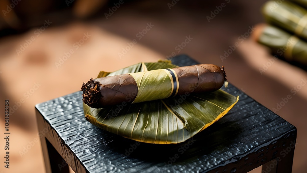 A single cigar rests on a green leaf, ready to be enjoyed. A single cigar rests on a green leaf, ready to be enjoyed.