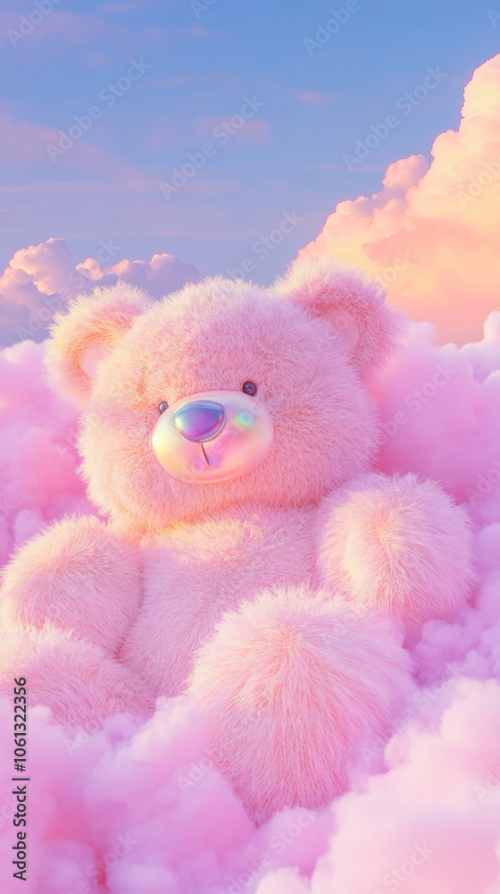 3D cute teddy bear fluffy pink rainbow clouds shape sunset colorful dreamy sky cloudscape adorable pet animal fashion healing wallpaper background with copy space 3D cute teddy bear fluffy pink rainbow clouds shape sunset colorful dreamy sky cloudscape adorable pet animal fashion healing wallpaper background with copy space