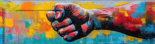 Giant mural of a clenched fist holding a ballot, painted in bright spray paint, bold strokes represent power and activism, raw and dynamic urban art photo