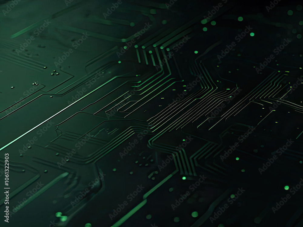 Obraz premium a minimalist high tech background showcasing a dark surface with intricate glowing green circuitry