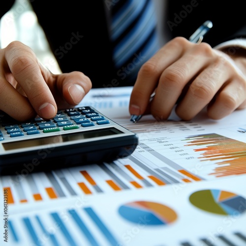 The businessman is using a calculator to figure out financial numbers and analyze sales data on a graph. This helps him understand how the economy is growing and make decisions for his business.