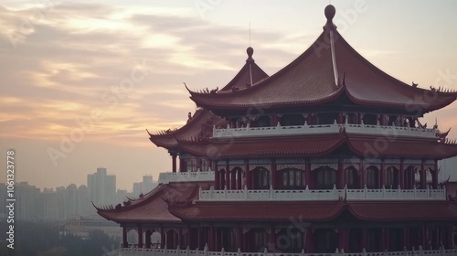 A traditional Asian pagoda with ornate roofs against a sunset backdrop and city skyline.