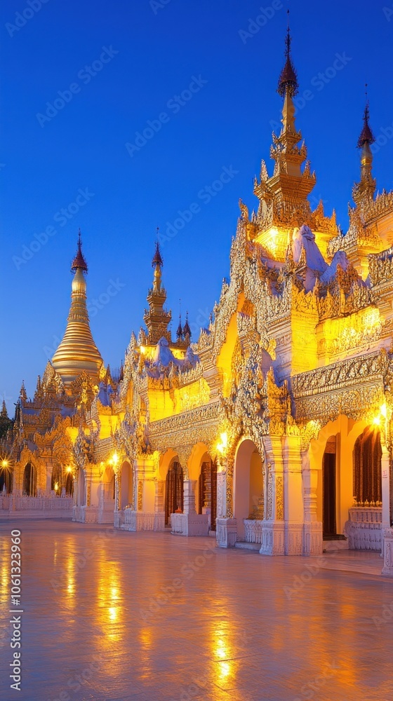 Fototapeta premium A beautifully illuminated temple complex at dusk, showcasing intricate architectural details.