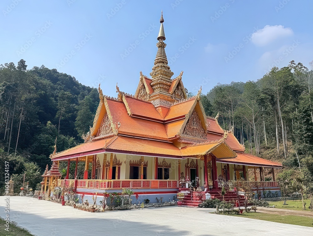 Naklejka premium A colorful temple surrounded by greenery, showcasing intricate architecture and cultural significance.