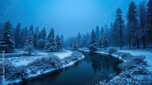 Fir trees covered in fresh snow with a serene winter setting, beauty, winter