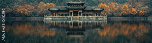 Serene traditional architecture reflected in a tranquil lake surrounded by autumn foliage.