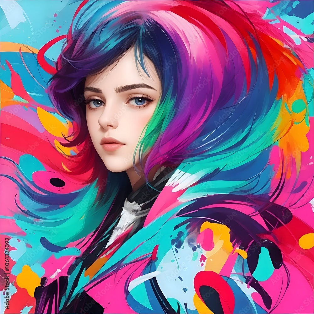 A young woman with vibrant, multicolored hair gazes confidently forward, her expression serene amidst the swirling colors. Bold splashes of pink, blue, and orange envelop her A young woman with vibrant, multicolored hair gazes confidently forward, her expression serene amidst the swirling colors. Bold splashes of pink, blue, and orange envelop her