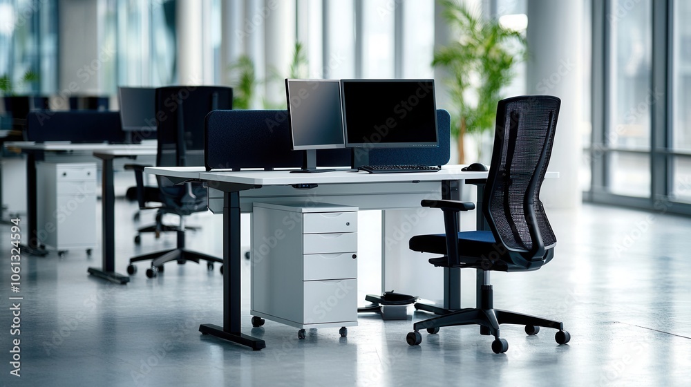Modern office workspace with sleek desks, ergonomic chairs, and computer monitors in an open and bright environment.