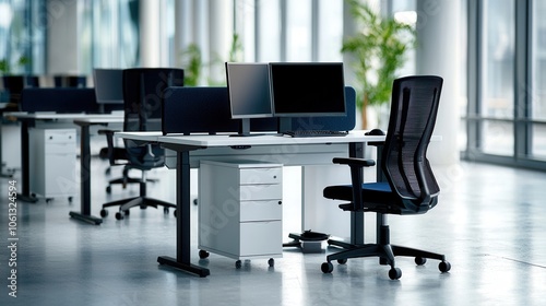 Obraz na płótnie Modern office workspace with sleek desks, ergonomic chairs, and computer monitors in an open and bright environment. w salonie